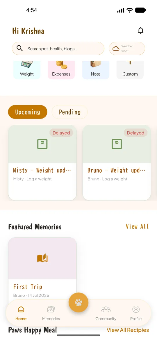 Go Paws home screen listing upcoming and delayed tasks for each pet