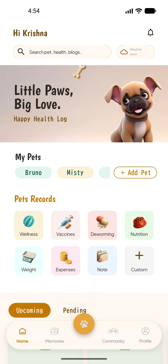 Home screen with pets and pet records