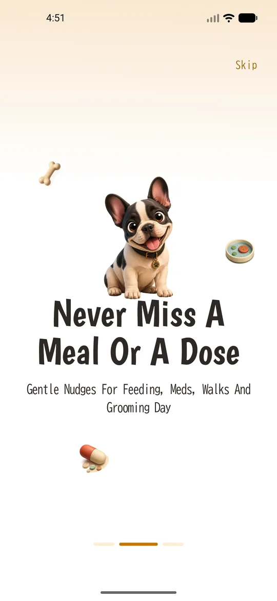 Intro screen: never miss a meal or a dose